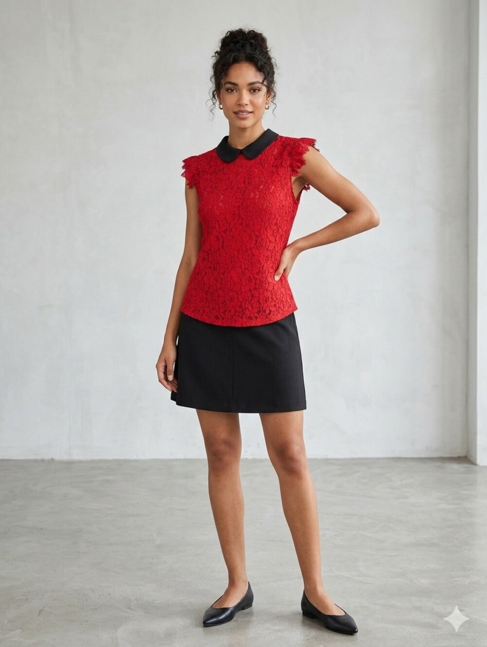 meraki Red Lace Sleeveless Top with Black Peter Pan Collar
